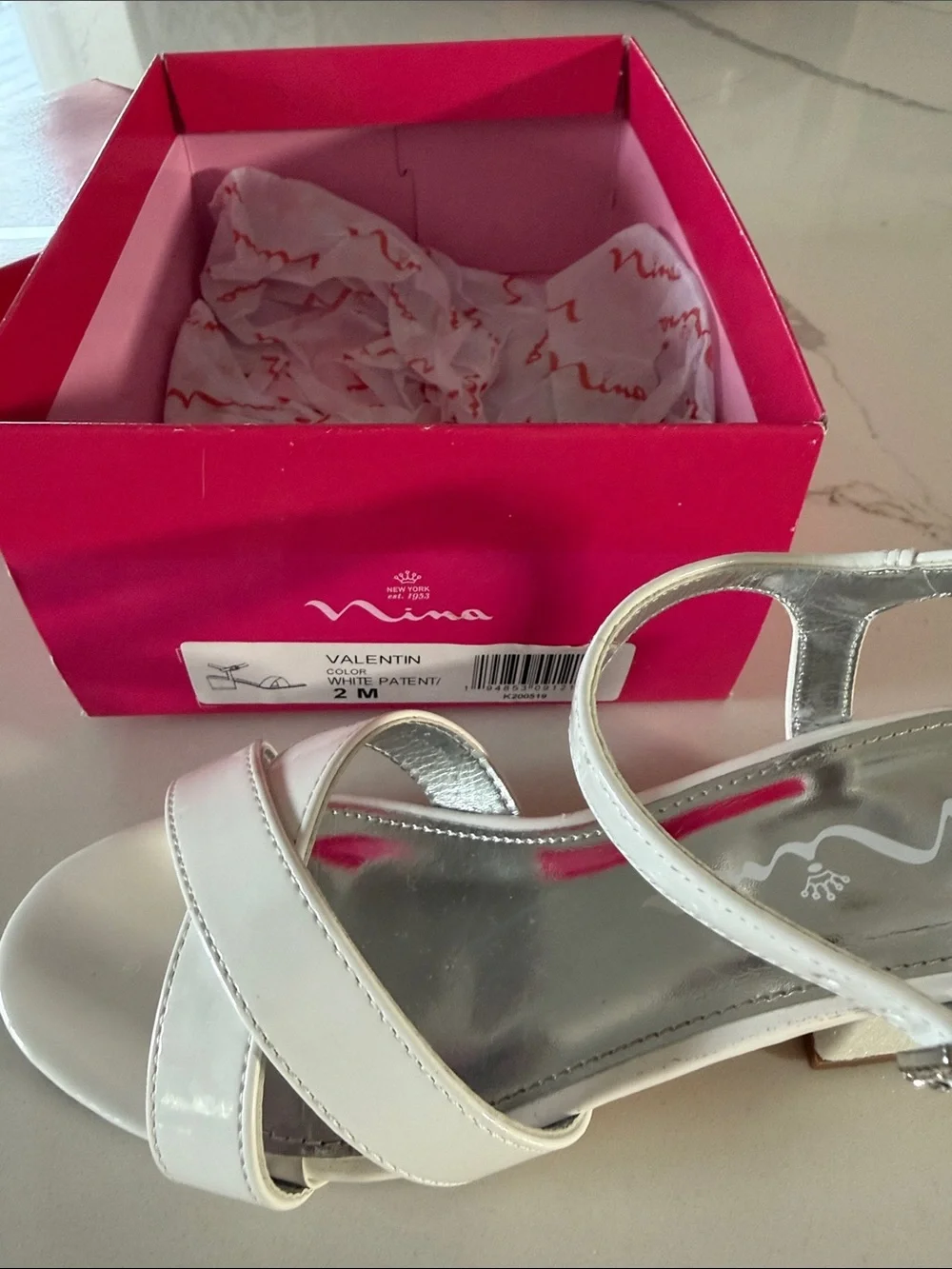 Girls Size 2 Nina White Patent Sandals with Glitter Block Heel